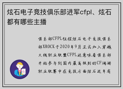 炫石电子竞技俱乐部进军cfpl、炫石都有哪些主播